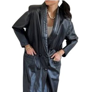 Vintage Long Black Leather Trench Coat Overcoat Size 20 Double Breasted